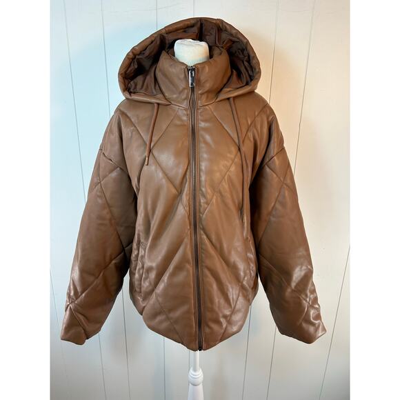 SEBBY Collection Faux Leather Short Puffer Jacket In Toffee - Picture 2 of 6
